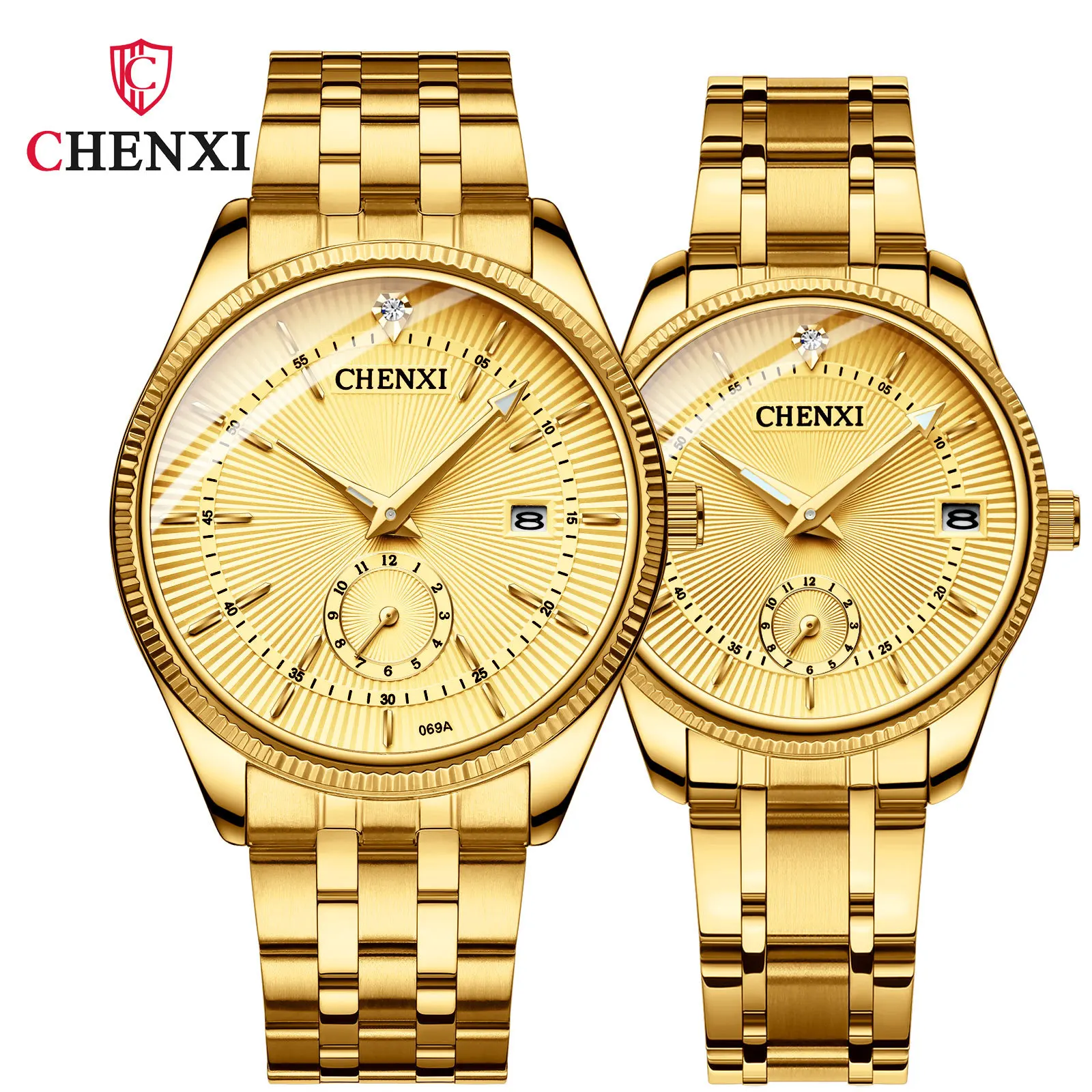 

CHENXI 069A Couple Quartz Watches Gold Fashion Luxury Calendar Analog Display Wristwatch for Men and Women Lover Clock