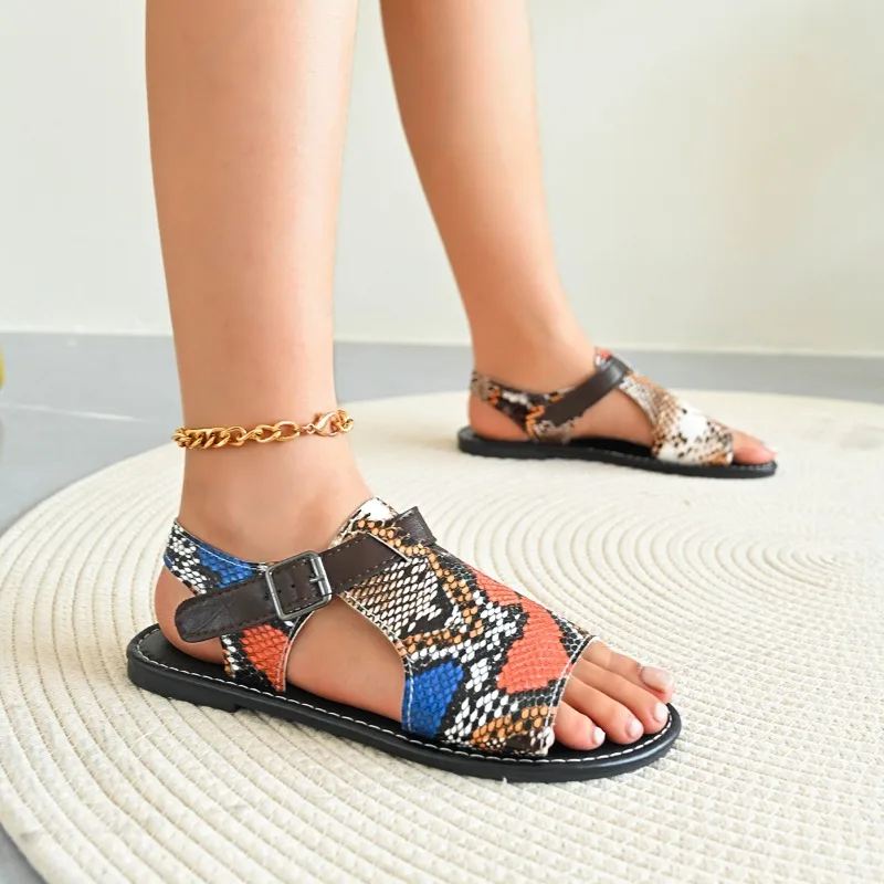 

Women's Sandals Large Size Flat Sole Snake Pattern Shoes Women Leisure Outdoor One-line Buckle Retro Roman Sandalias De Mujer