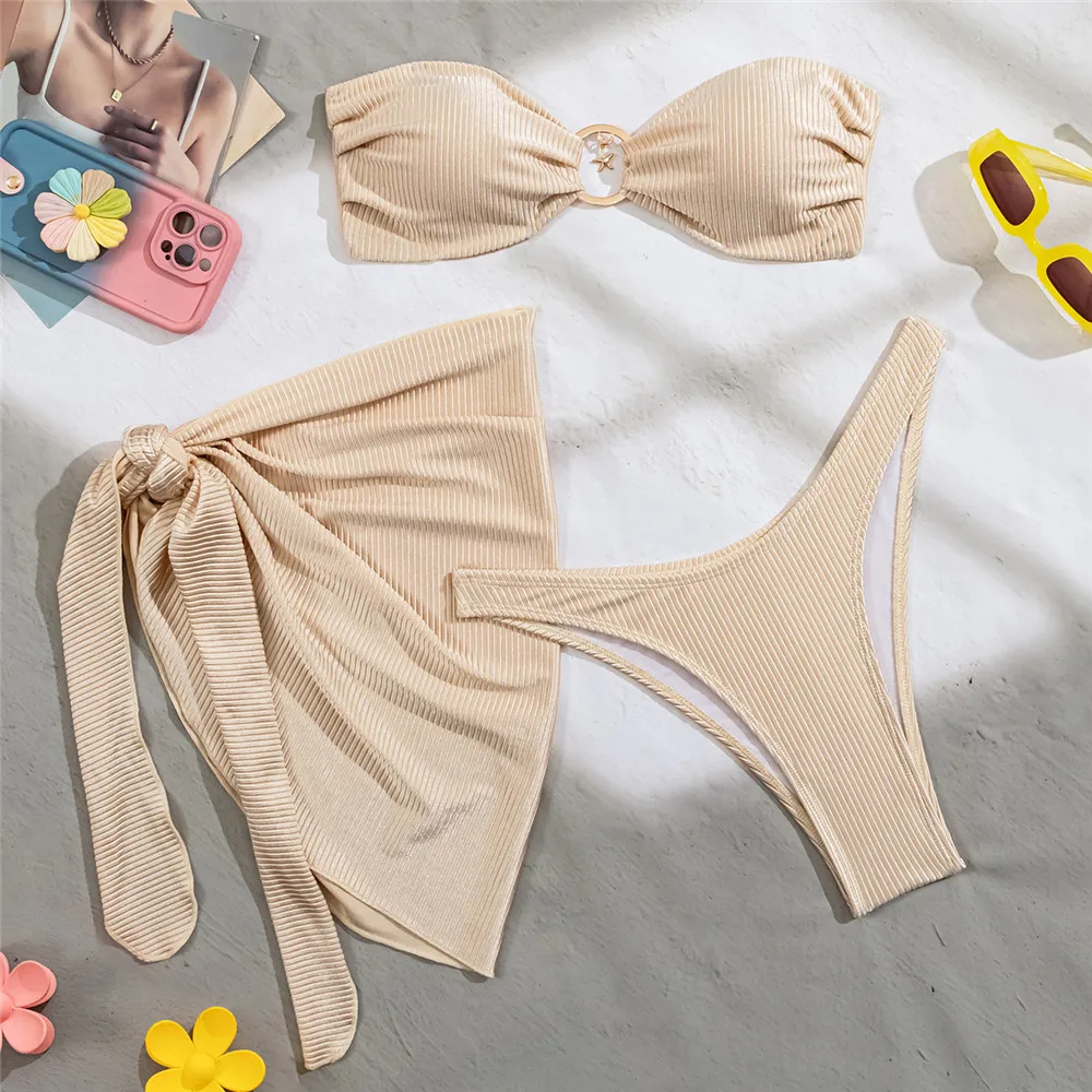 

Beige Shiny Bandeau Bikinis Sets 3 Pieces Sexy Swimsuit Cover Ups Women 2026 Metal Ring Swimwear Beachwear Bathing Suit Bikini
