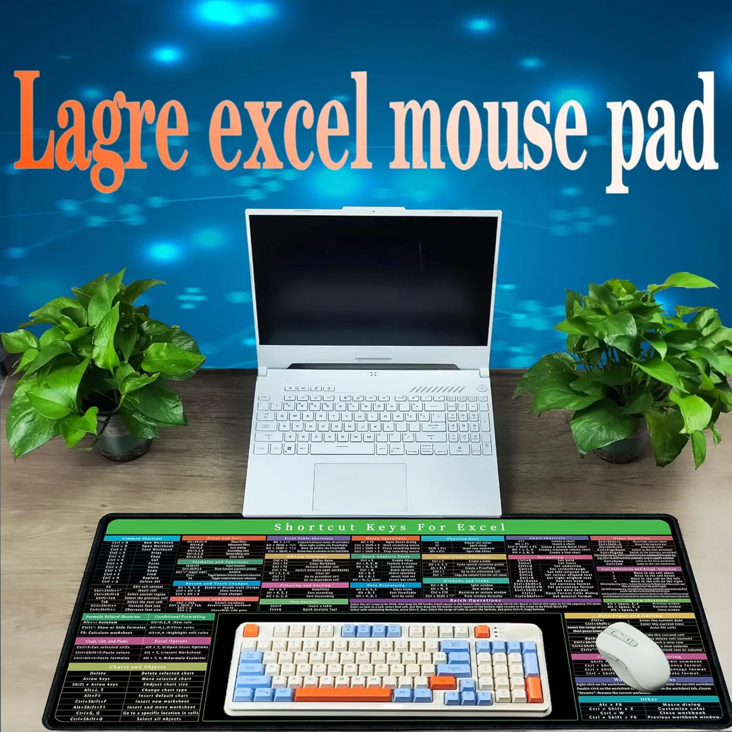 Excel Mouse pad,Computer Desk Accessories Over 150 Shortcut Keys,Non-Slip&Waterproof Desk mat,Large Excel Shortcut Mousepad