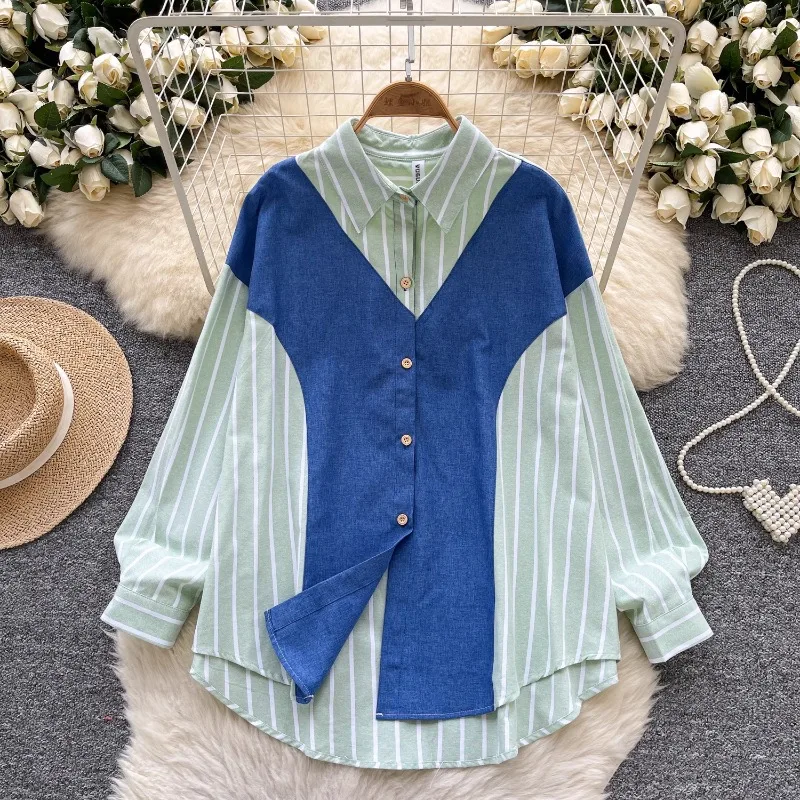 

SuperAen корейский стиль, высококачественная полосатая рубашка с воротником с лацканами и длинными рукавами, женские летние свободные рубашки