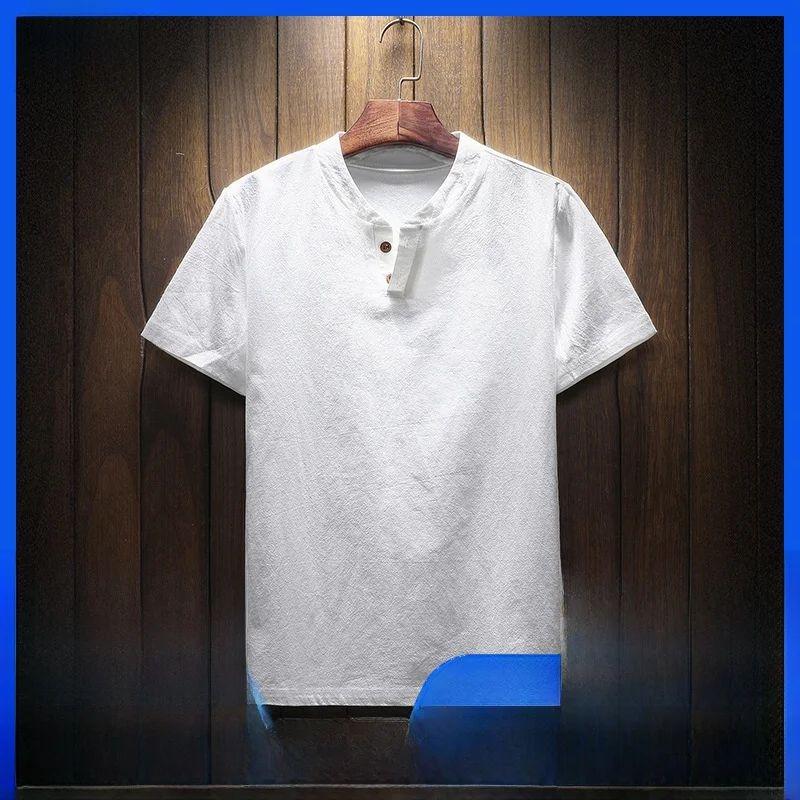 Linen Short Sleeve T-Shirt Men Loose Half Sleeve plus Size Comfortable Fit Clean Style PU Leather City Walk Suitable T-Shirt