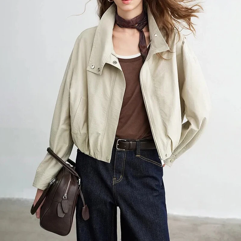 Women's Chic Commute Cropped Jacket Stand Collar Zipper Lantern Sleeves Loose Short Coat Autumn Winter Trendy NEW Lady Outerwear