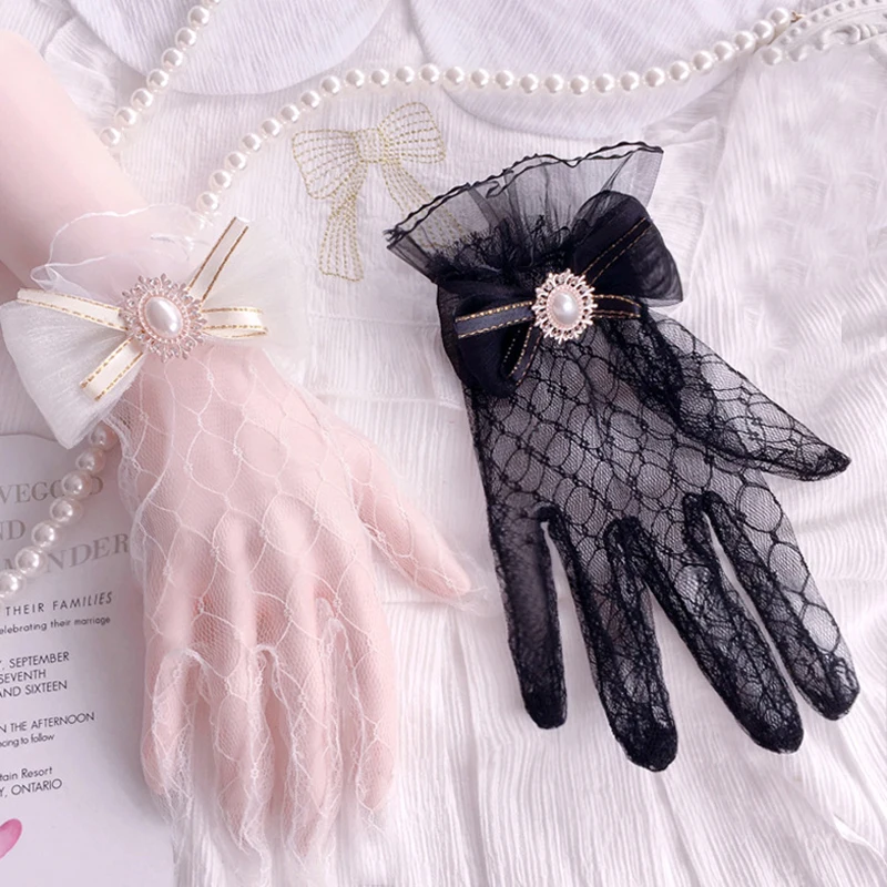 Japanese Soft Girl Black White Lace Gloves Girl gothic Lolita Mesh Bow Flower Lace Gloves Sweet Wristband Maid Cosplay Jewelry