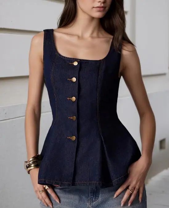 

Top Women 2025 Spring New Solid Color Fashion Gold Buckle Decor Square Neck Sleeveless Backless Casual Imitation Denim Vest