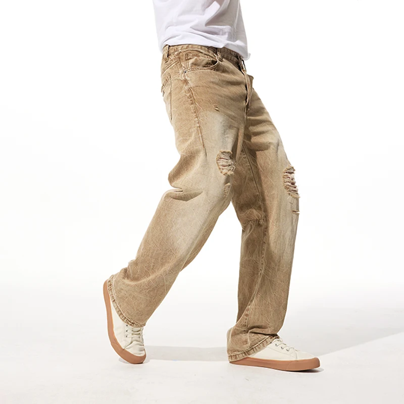 봄-여름 클랜핏 스트레이트 튜브 버전 루즈한 캐주얼 얇은 나방 노란색 천 청바지에 약간의 구멍이 있음