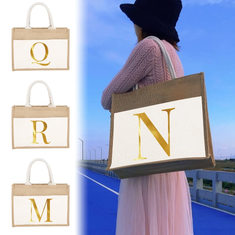 

Shoulder Bag Women Travel Storage Bag Laminated Pouch Jute Imitation Sacks Linen Bags Picnic Bag Shopping Handbag Golden Letter