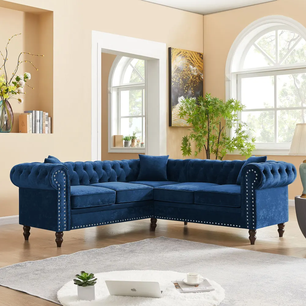 Deep Button Tufted Upholstered Roll Arm Luxury Chesterfield L Shaped Sofa with 3 Pillows Solid Wood Gourd Legs Blue Velvet