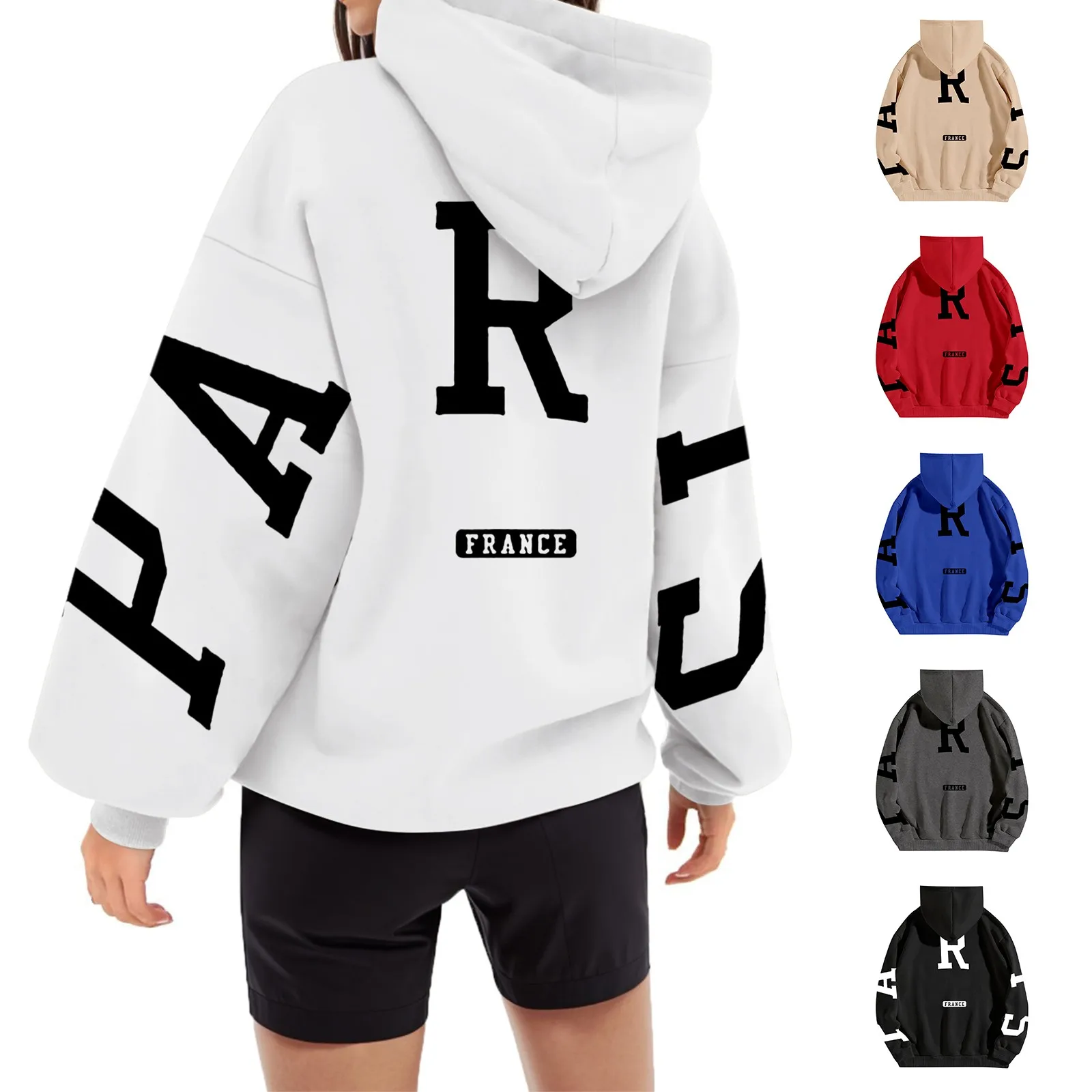 Women'S Solid Color French Paris English Letter Print Long Sleeved Zipper Free Loose Fashion Hooded Pullover Printed Sweatshirt