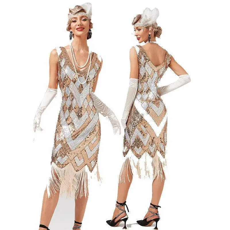 

Design Women 1920s Vintage Big V-Neck Flapper Fringe Beaded Great Gatsby Party Cocktail Dress Plus Size S-3XL