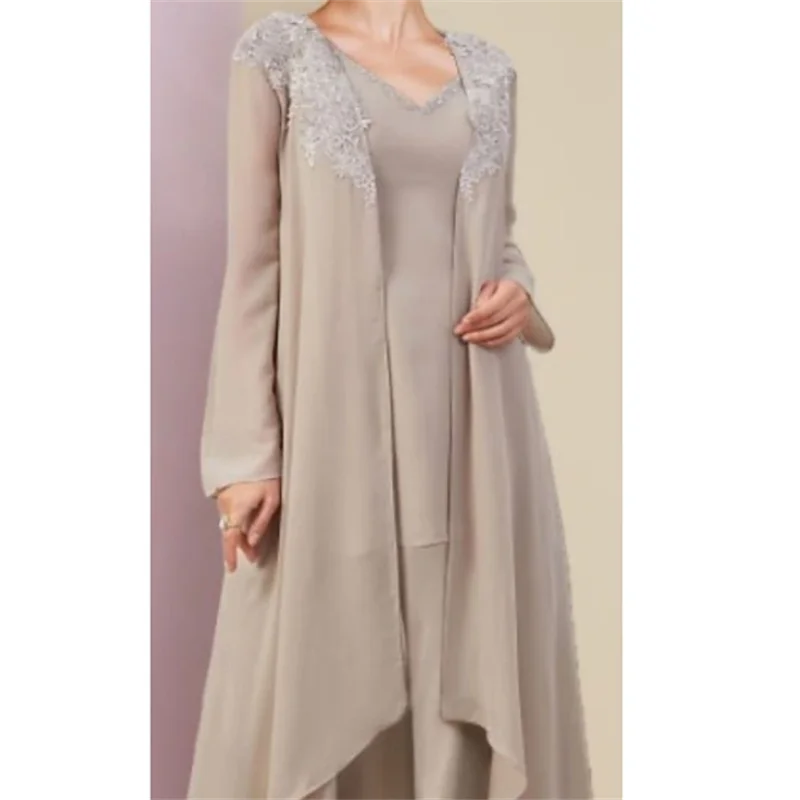 Elegancki garnitur plażowy na wesele, 3-częściowy, dla matki panny młodej, na formalne okazje, dla gościa weselnego, z dekoltem w serek, do ziemi, szyfonowy, koronkowy, bez rękawów, z narzutką.