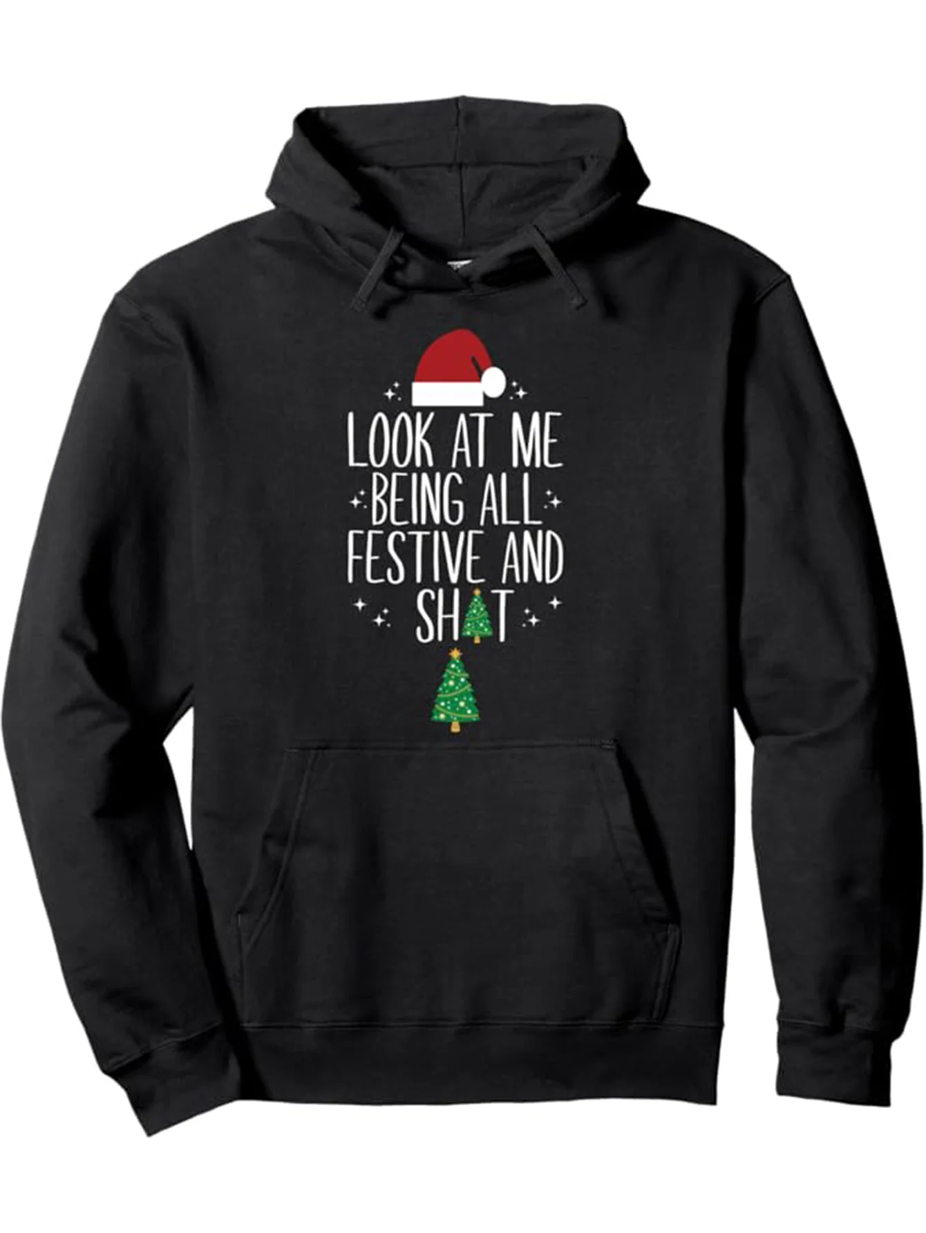 

Men's Christmas Day Hoodie with Santa Hat and Tree Print-Warm Cotton Blend Pullover, Long Sleeve Casual Top with Kangaroo