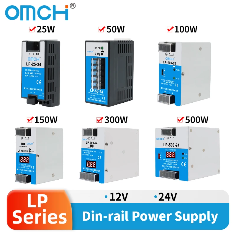 OMCH Din-rail Digital Display LP-25W/50W/100W/150W/300W/500W Output 12V 24V Input 100-240VAC Output Switching Power Supply SMPS