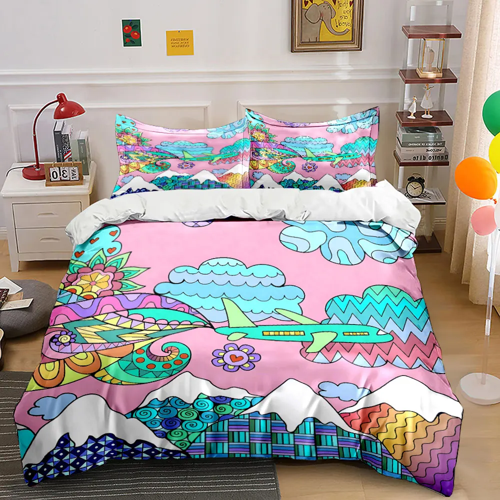 Colorful doodle airplane over mountains Bedding Set for Kids Luxury Gift 3pcs Digital Print Comforter Set Soft Comfortable