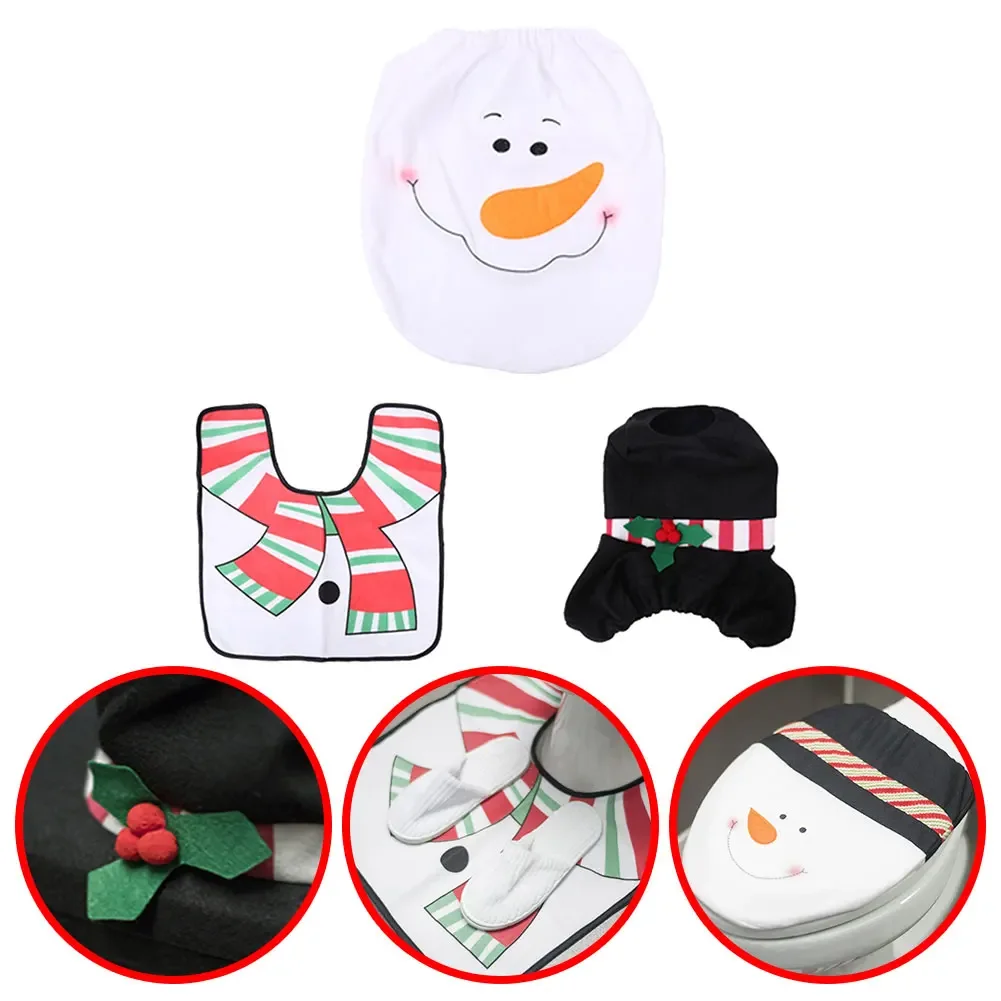 3Pcs Toilet Seat Cover & Rug Set Festival Theme Christmas Xmas Toilet Seat Cover Set Home Bathroom Product New Year Decoration