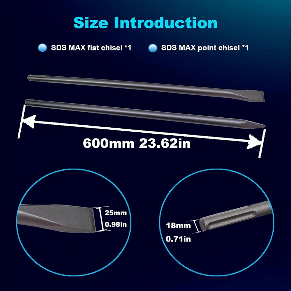 AA98 24-Inch SDS Max Set, 1 Inch Flat Chisel and Point Chisel, Tile Removal Tool for SDS-Max Hammer Drill Attachment