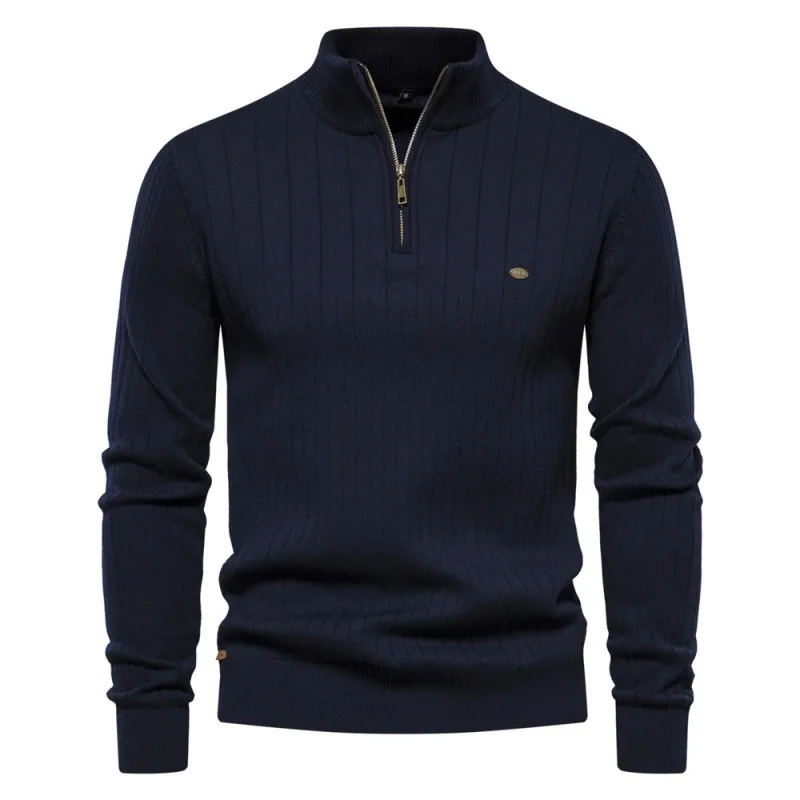 2025 Men's Cotton Stand Collar Half-Zip Knit Sweater Autumn Winter Solid Premium Casual Euro Fit Pullover