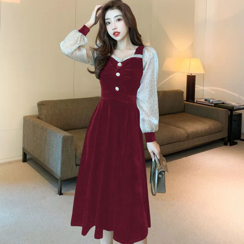 

Elegant Fake Two Piece Black Midi Dress Spring Autumn New Long Sleeve Patchwork Gold Velvet Skirt Fashion Sweet Women Clothing