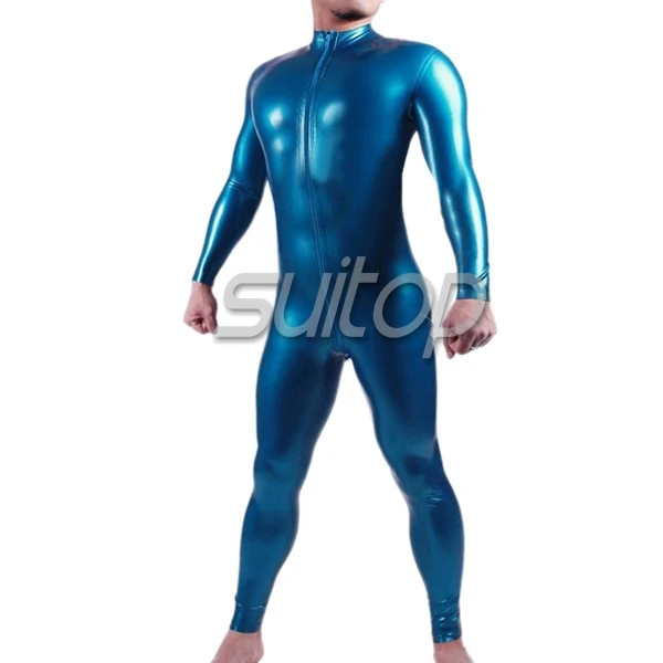 

Suitop classical latex male's catsuit front zip in metallic blue rubber