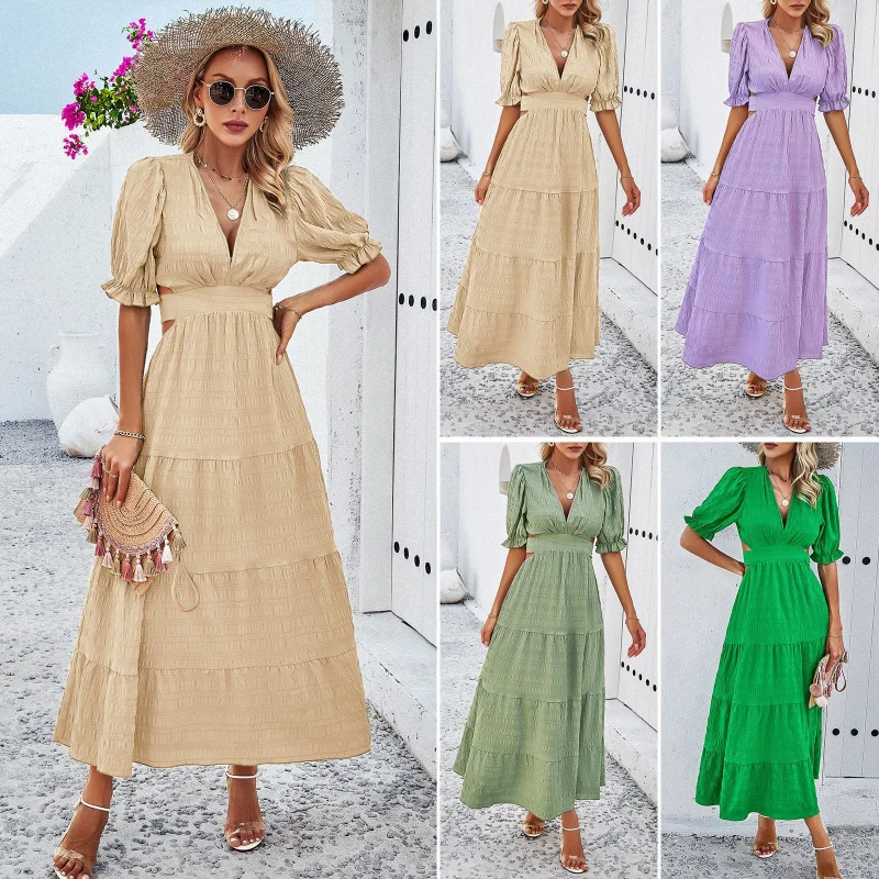 

Diyun Women'S Solid Color V-Neck Lace Up Waist Dress