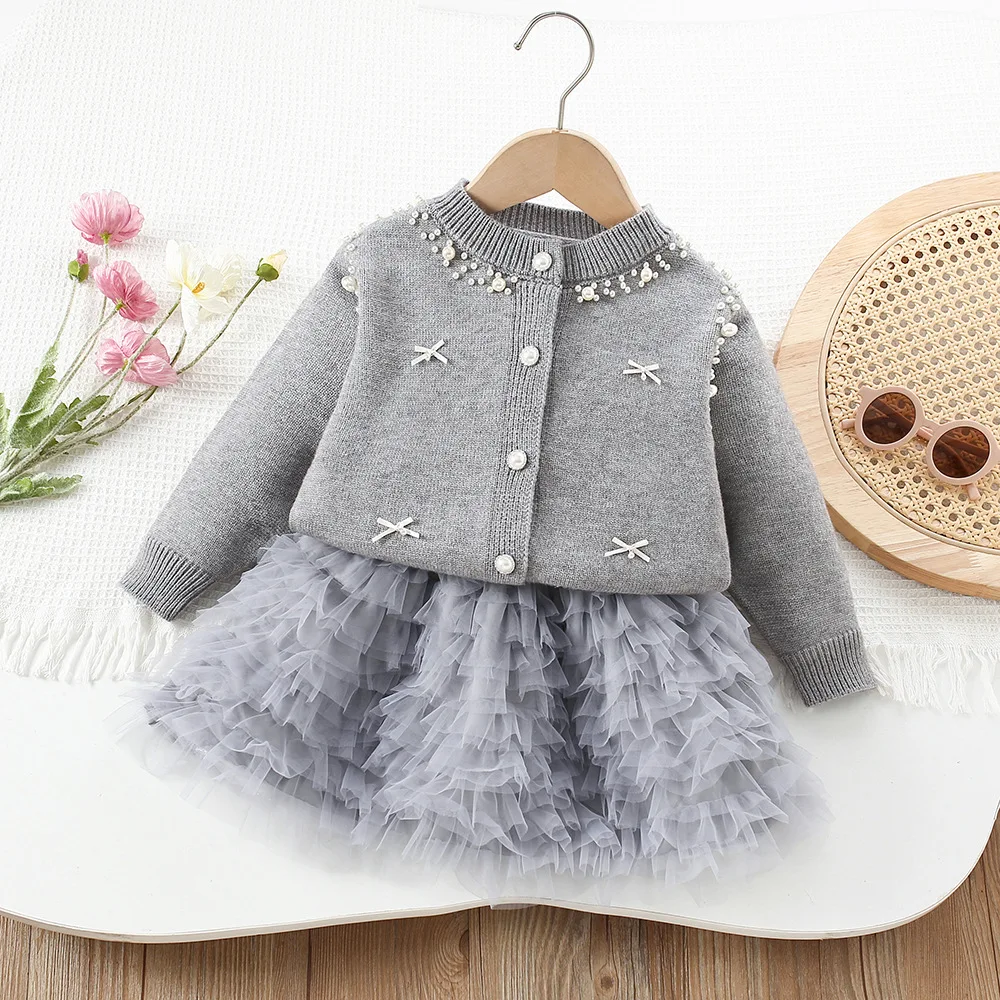 Kids Girls Bow Nail Bead Sweater Coats Knitted Cardigan 2026 Spring Autumn New Girls' Mesh Cake Half Skirts 2Pieces Set