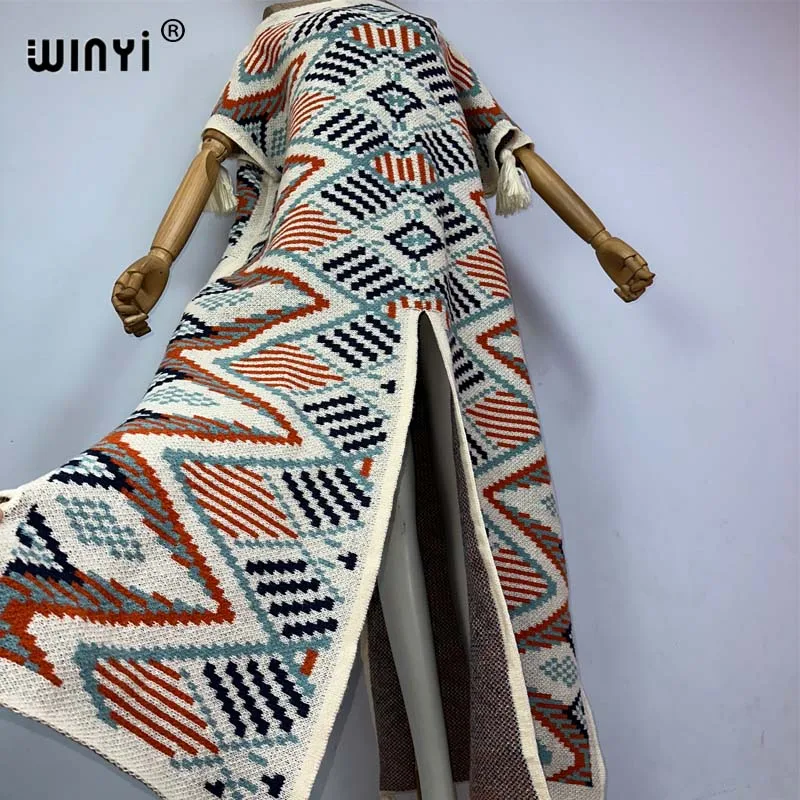 WINYI nowy geometryczny nadruk komfortowy ciepła moda kaftan sukienka na wakacje elegancki afrykański Boho imprezowe zimowy kaftan dla kobiet długa