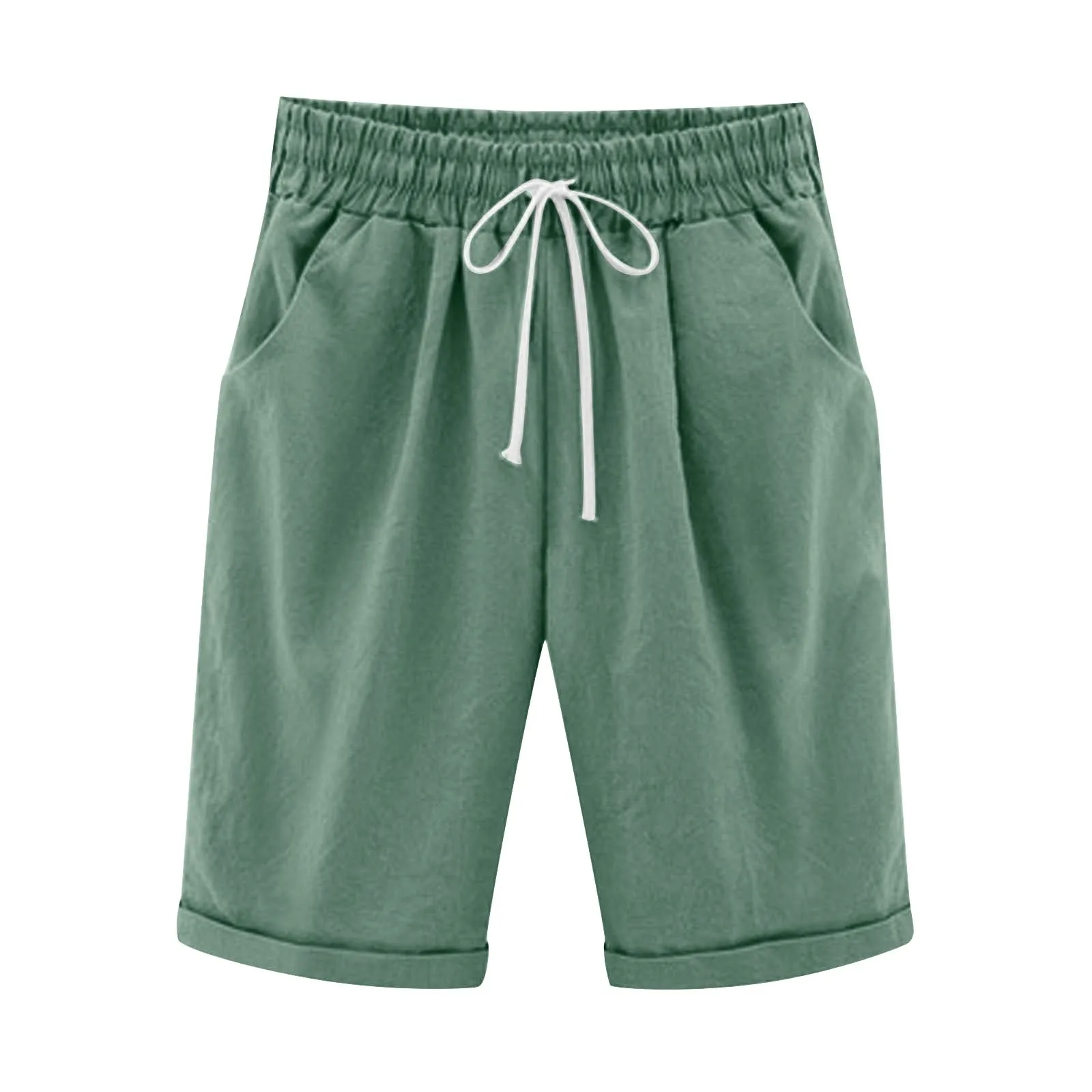 Summer Solid Color Casual Loose Beach Pants Casual and Versatile Pockets Shorts Fashion Elastic Waist Short Mid-length Trousers