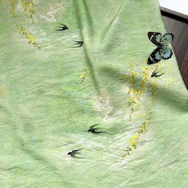 1 Meter Green Spring Willow Swallow Digital Print Fabric Soft Breathable Chinese Style Qipao Dress Top Hanfu DIY Craft Material