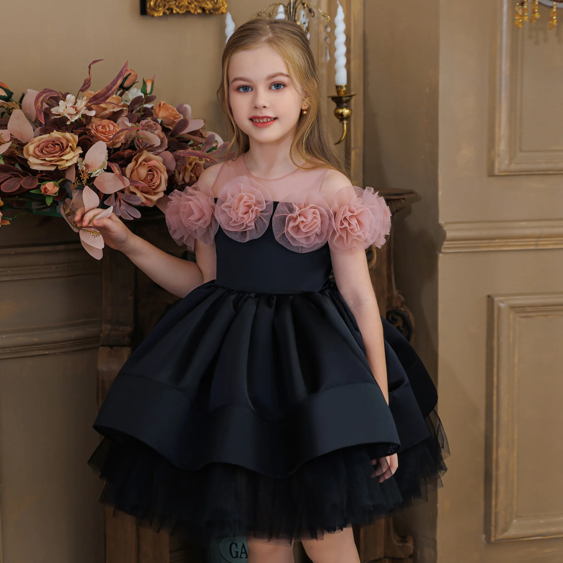 

Little Flower Girls Rose Off-Shoulder Princess Dress For Children Wedding Bridesmaid Performance Birthday Party Pageant Gown