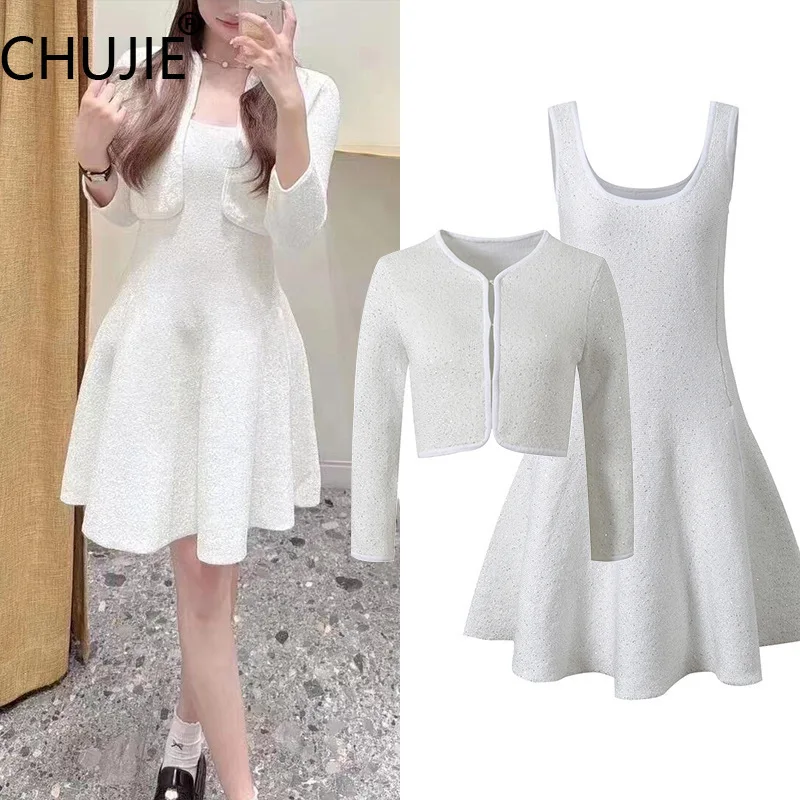 

CHUJIE Women's Dress Set 2025 Spring/Summer New White Sequined Socialite Temperament Short Cardigan Top+slim Camisole Skirt Set
