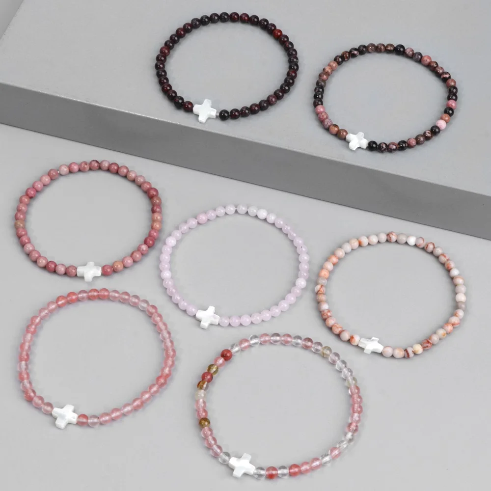Pulsera con dije de cruz de concha de la suerte, pulseras de cuentas de cuarzo de Lava de piedra Natural de 4mm, pulsera energética de Reiki y Yoga para hombres y mujeres, joyería