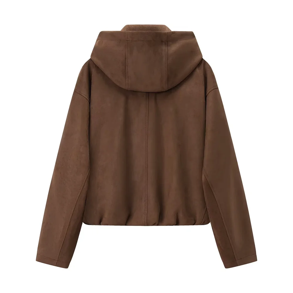 New autumn and winter women's casual loose suede texture effect hooded long sleeved solid color pilot jacket jacket