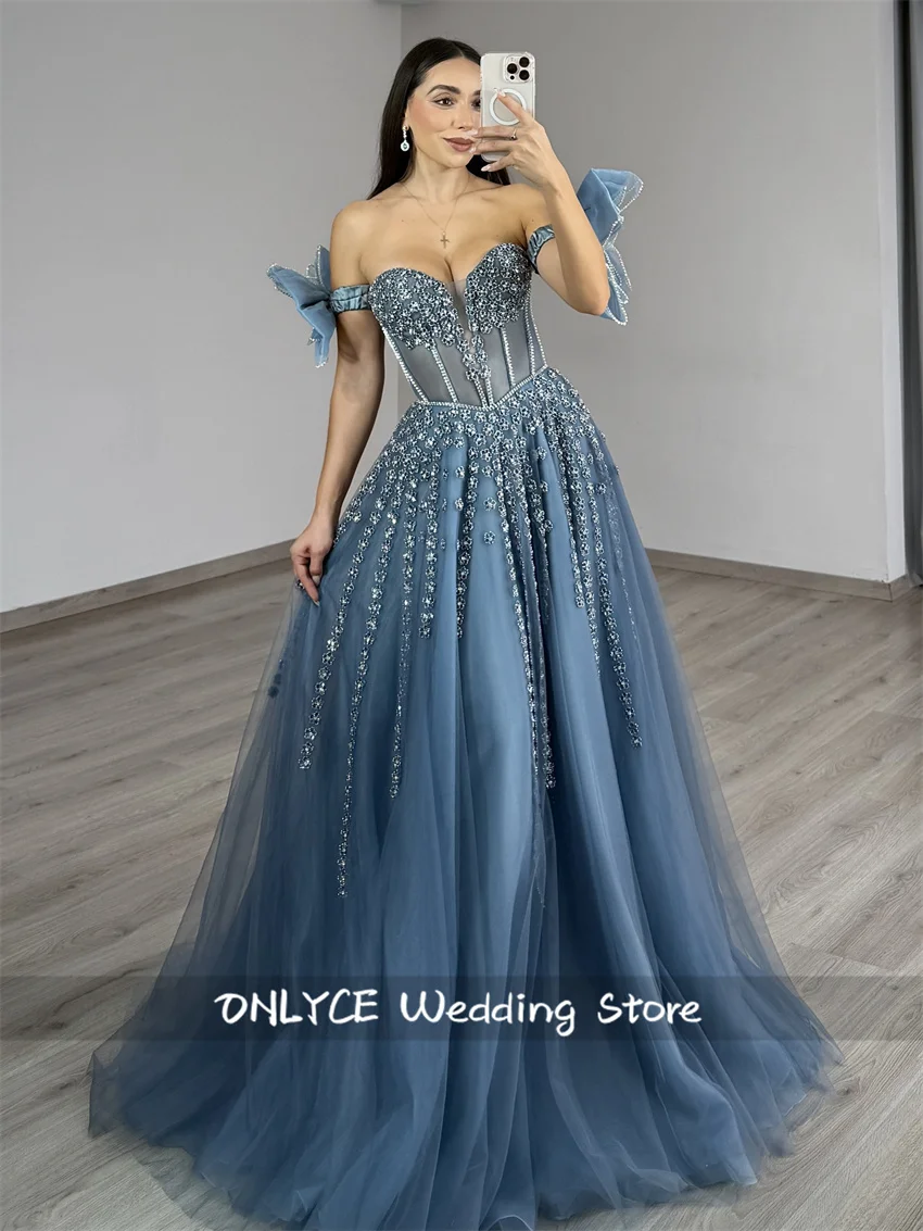 

Glitter Beading Evening Dress 2025 With Bow Crystals Beading Pearls Prom Party Wedding Party Gowns Vestidos Customized