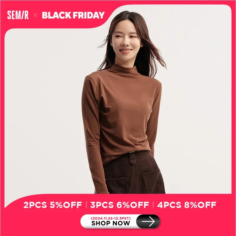 Semir Long Sleeve T-Shirt Women Heating and Antibacterial Solid Color 2024 New Winter Slim Fit Pullover Versatile