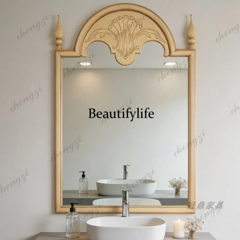 French retro style carved dresser makeup mirror American light luxury style bathroom bathroom mirror ancient style