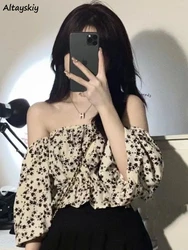 Slash Neck Blouses Women Floral Vintage Crop Tops Casual French Style Temperament All-match Sexy Girls Streetwear Chic Aesthetic