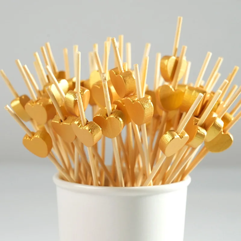 100 peças palitos de bambu dourados, coquetel, aperitivo, palitos de arte de frutas para bebidas, palitos de comida de madeira, materiais de decoração