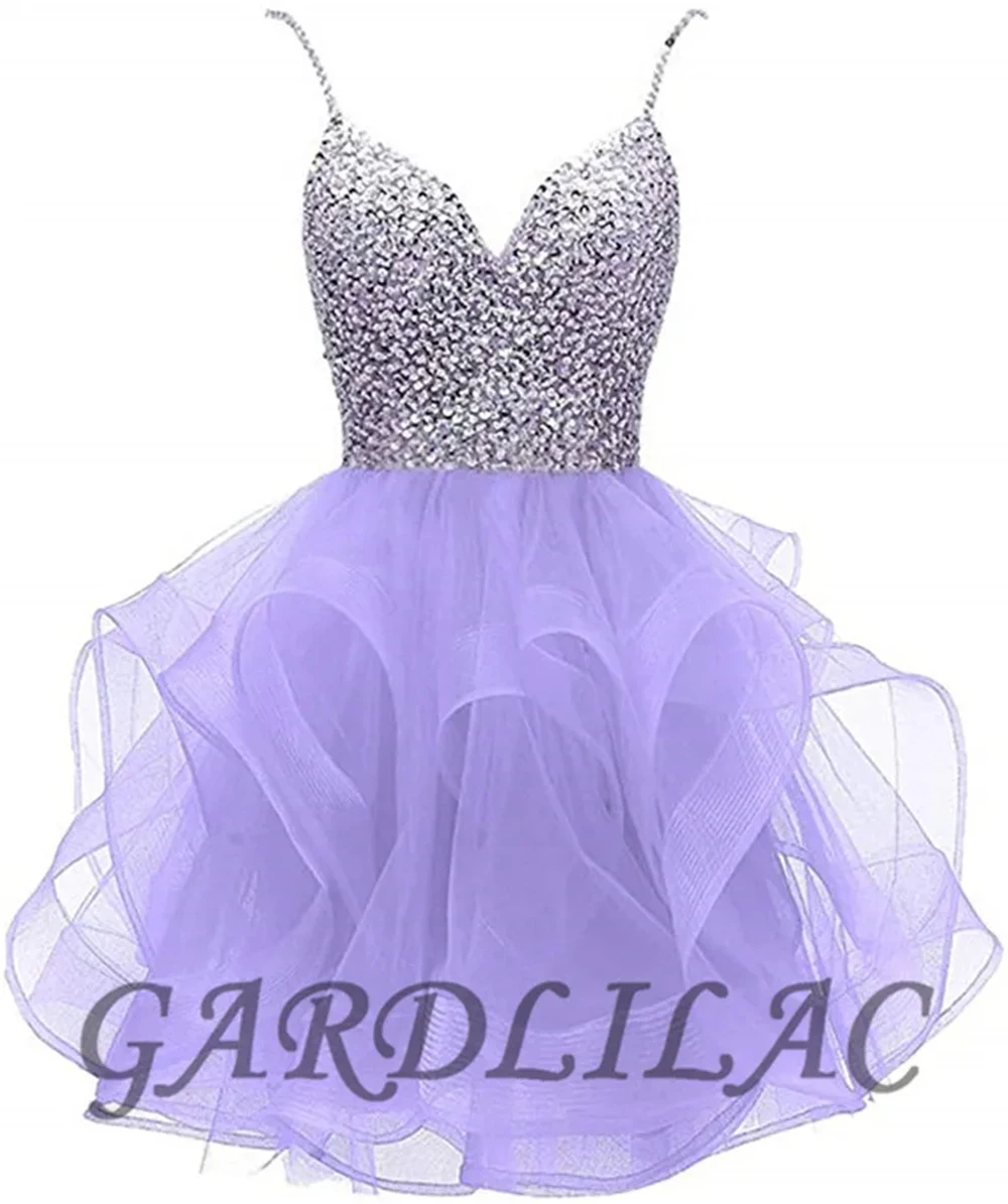 Gardlilac New Spaghetti straps Organza Short Homecoming dress For Junior Crystal Prom Party Gowns Ruffles Graduation dress