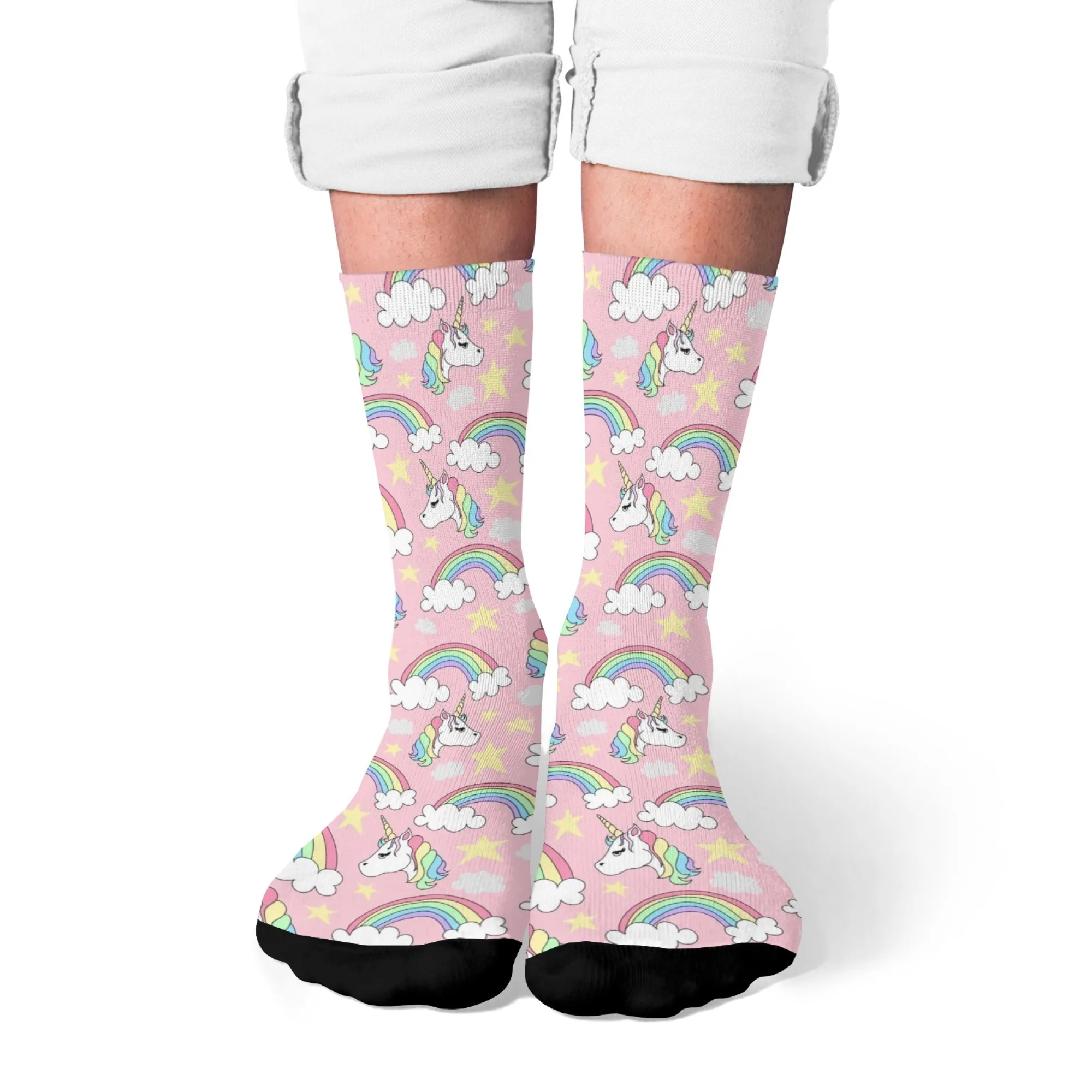 ถุงเท้าพิมพ์ลายยูนิคอร์นสีรุ้ง Unisex ความแปลกใหม่ฮาราจูกุย้อนยุคฮิปฮอปถุงเท้าสบายระบายอากาศได้ดีลื่นถุงเท้าสบายๆของขวัญ