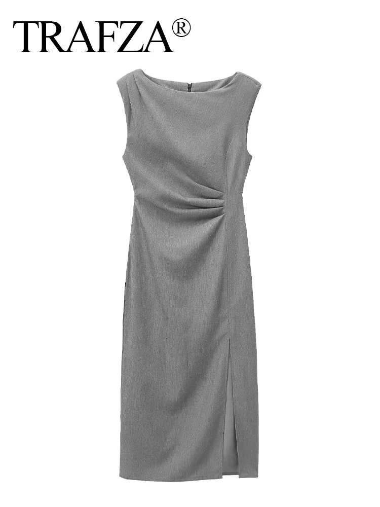 TRAFZA Women Sexy Elegant Waist Pleated Long Dress Female Fashion Zipper Hem Slit Slim High Street Casual Sleeveless Dress Mujer image 2