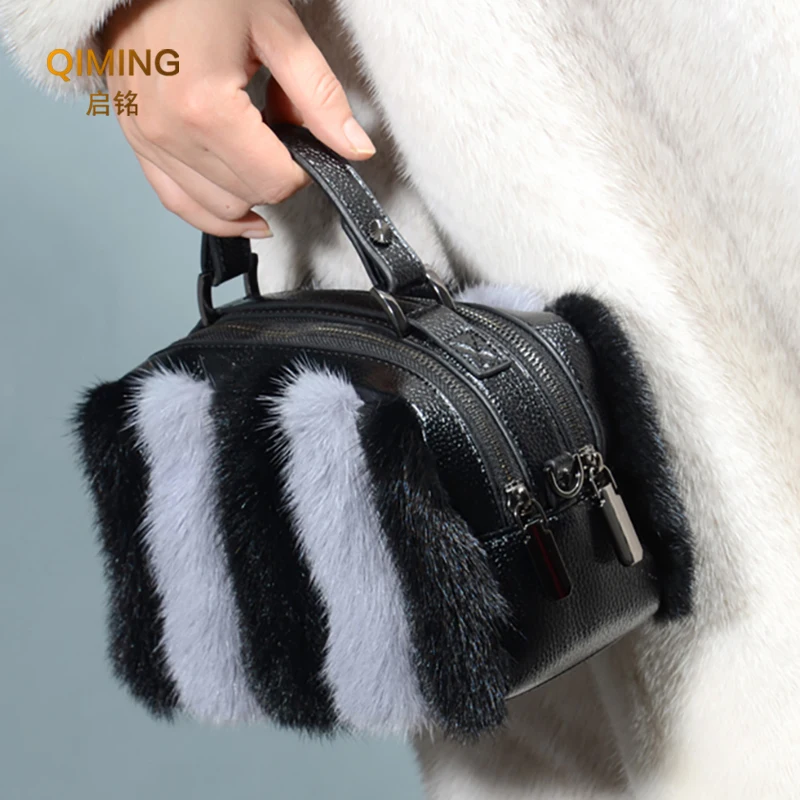 Bolso de piel auténtica para mujer, bandolera de piel de visón, con doble cremallera, para ocio