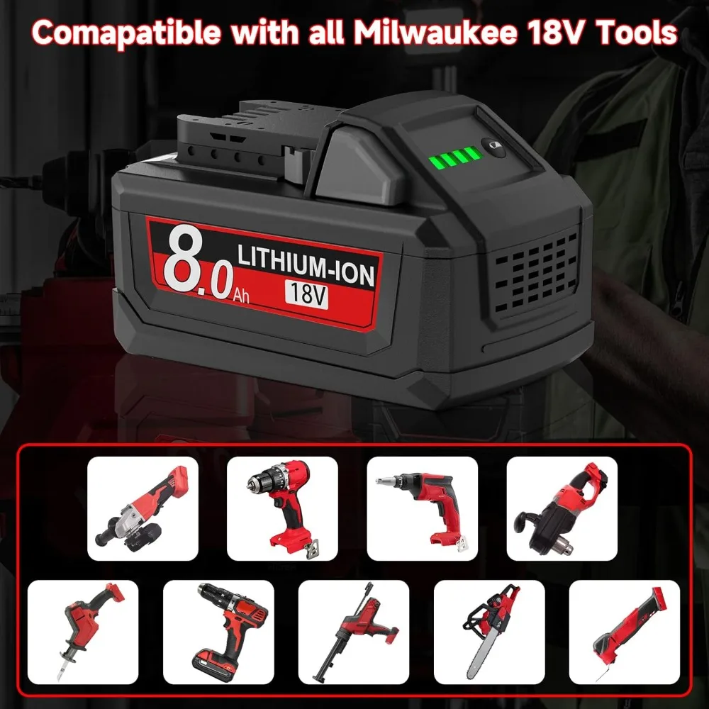

Replacement M18 Battery and Charger 8.0Ah 18V Compatible with Cordless Power Tools
