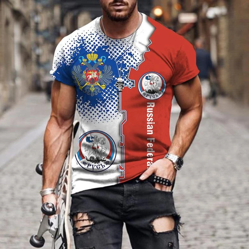 روسيا معطف الأسلحة تي شيرت ملابس للرجال ريترو ثلاثية الأبعاد طباعة الشارع الشهير تي شيرت العلم الوطني وشعار Harajuku موضة تي شيرت #4