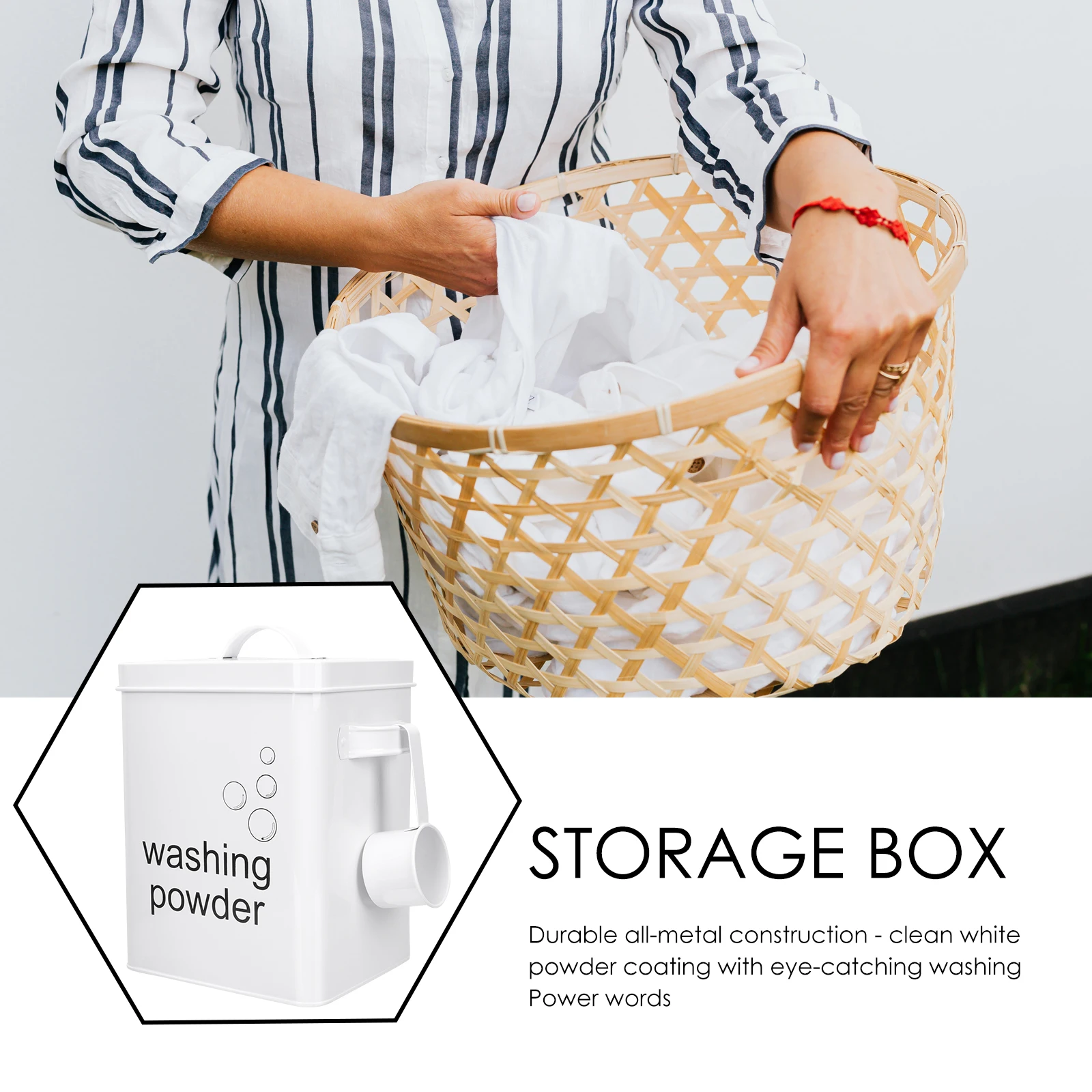 

Iron Laundry Powder Bucket White Durable Metal Container Sturdy Handle for Laundry Room Organization Storage Holder Scoop