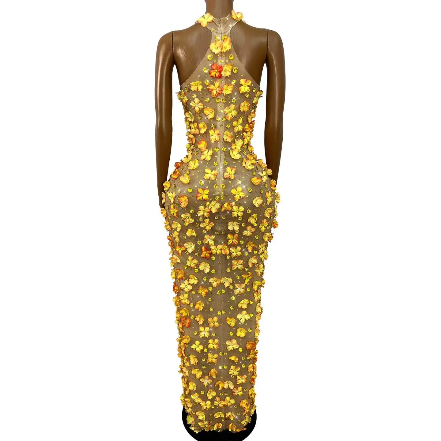 Sexy Fashion Handmade Pearls Petals Rhinestones High Split Mesh Dress Evening Party Gown Show Red Carpet Photo Shoot Stage Wear view 2