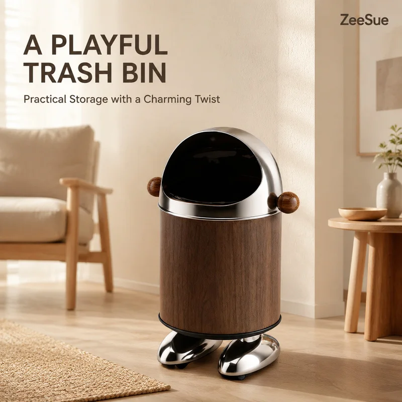 ZeeSue Playful Robot Waste Bin with Metallic Accents, Decorative Open-Mouth Garbage Can for Home, Kids Room and Office