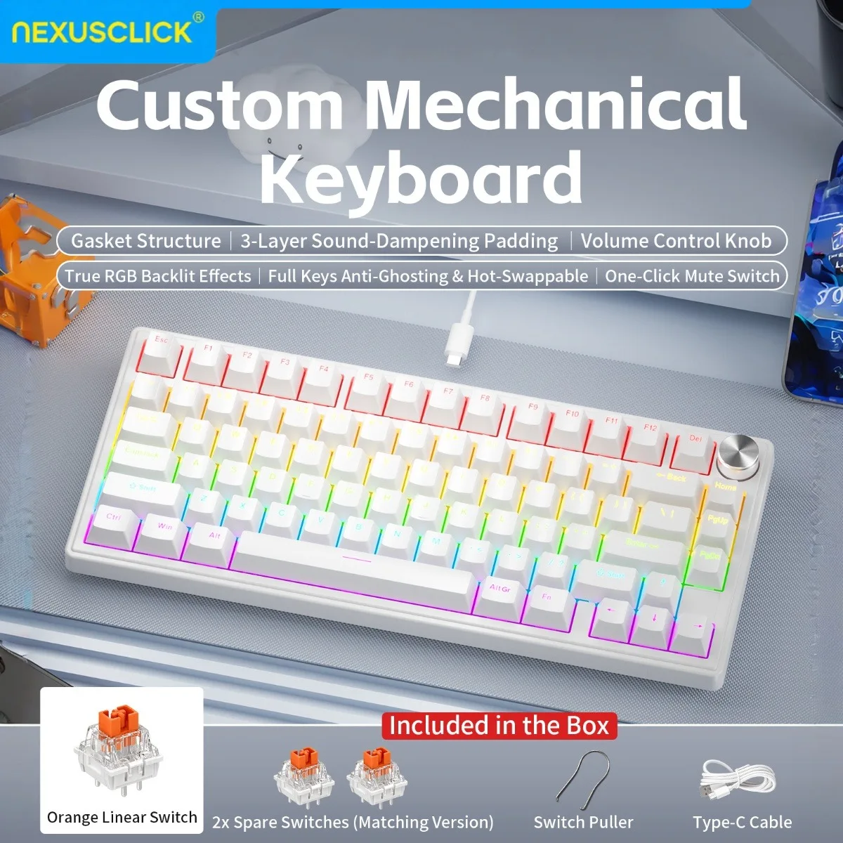 NEXUSCLICK K80 Mechanical Keyboard 80 Keys Full Anti-Ghosting Hot Swappable Gasket RGB Type-C Wired Custom Esports Keyboard