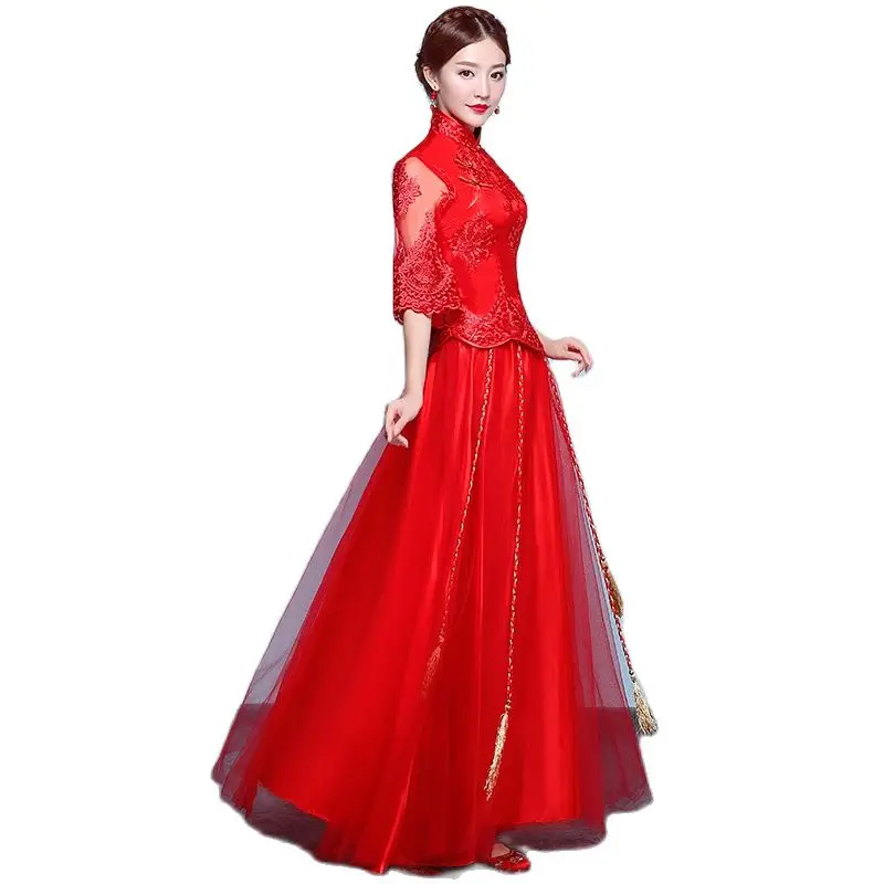 Lady Red Qipao Traditional Chinese Clothing Oriental Wedding Dress ancient Vestidos Asian Bride Marriage Cheongsam Suit