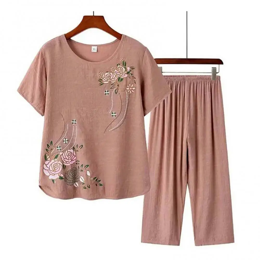 Women Short Sleeve T-shirt Top Pants Floral Print Loose Loungewear Home Outfit Cotton Pajamas Big Size Female Sleepwear Sets