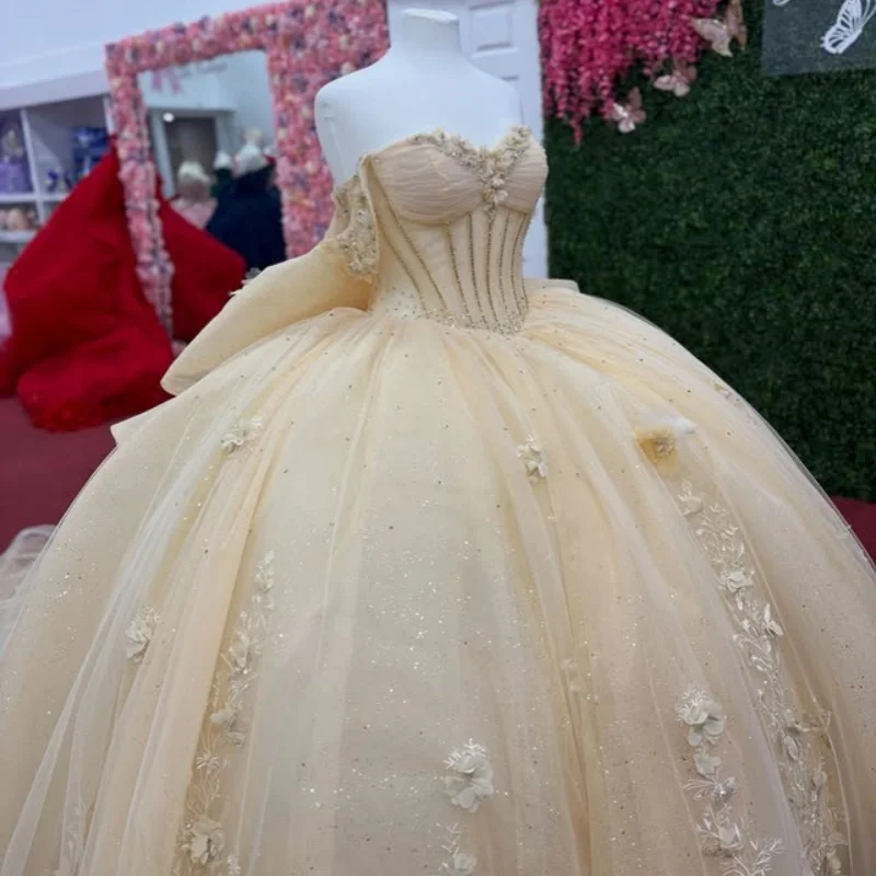 

Light Champagne Quinceanera Dress Crystal 3D Flower Decal off-shoulder Long tail Bow Vestidos De 15 Quinceanera ﻿Customize